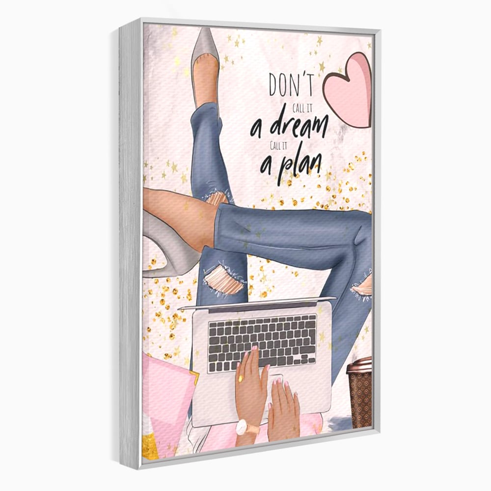 Tablou canvas cu ilustratie digitala cu femeie la laptop, in rama de aluminiu argintiu